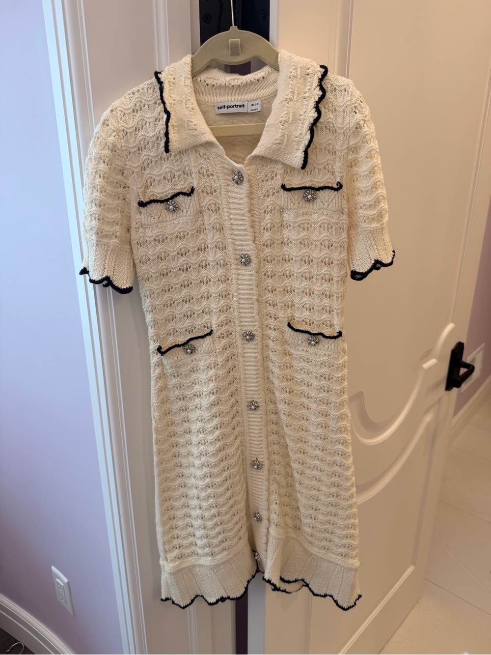 Self-Portrait Cream Knit Short-Sleeve Cardigan Dress with Black Trim
